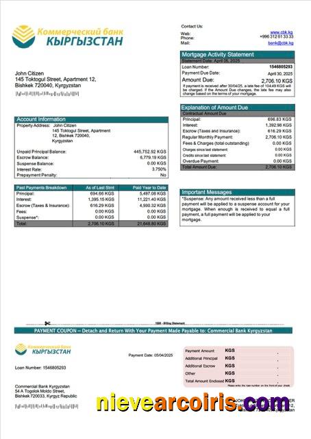 Kyrgyzstan Commercial Bank Kyrgyzstan mortgage statement Word and PDF template